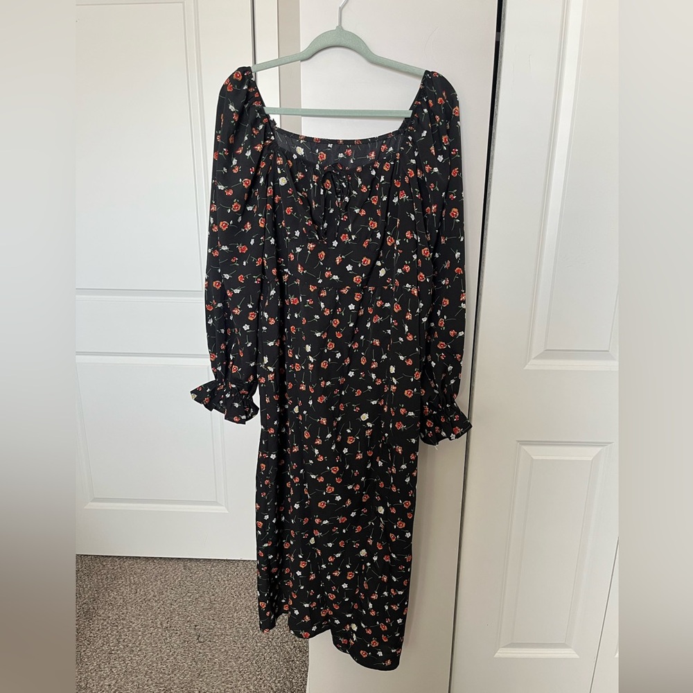 SHEIN black Floral Long Sleeve Midi Dress - Women's